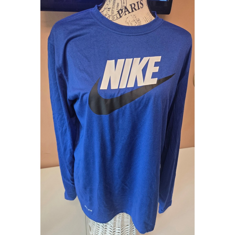 Nike Dri-FIT Mens L Royal Blue Long Sleeve Shirt Big Swoosh Logo Athletic Tee